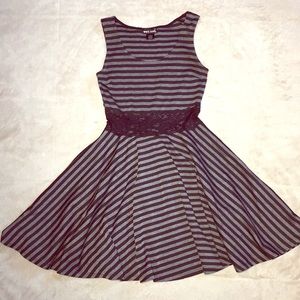 Black and gray striped skater dress with lace